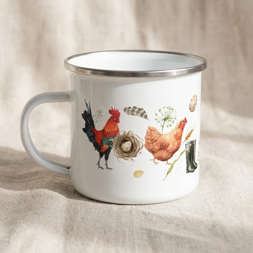 Chicken enamel mug: white camping mug with a silver rim, illustrated with a rooster, brown hens, a nest of eggs, feathers and green wellies.