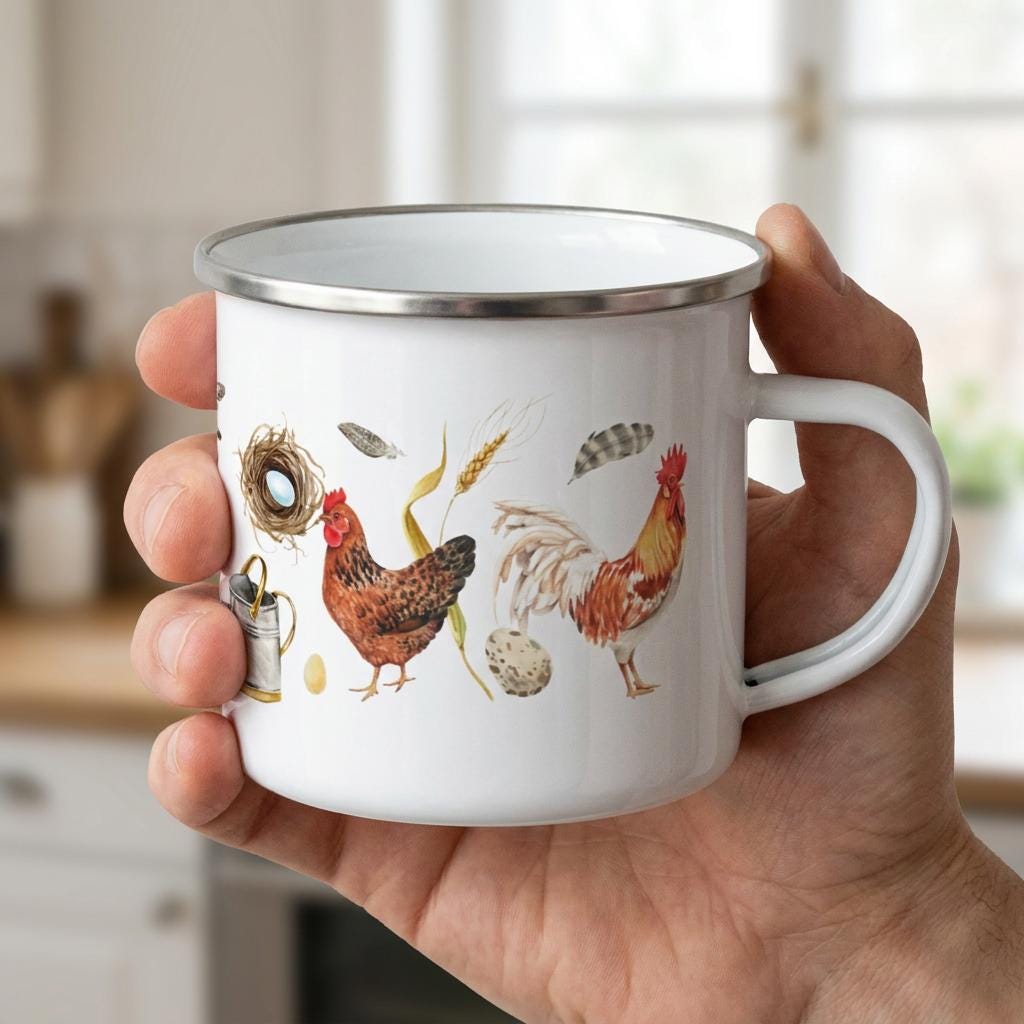 Hand holding the Chicken enamel mug, showing the rooster, hens and nest illustrations, in a bright kitchen.