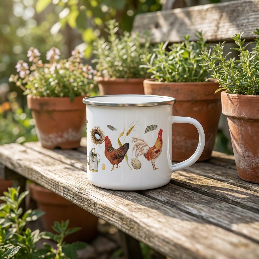 Chicken enamel mug on a weathered garden bench among terracotta pots of herbs.