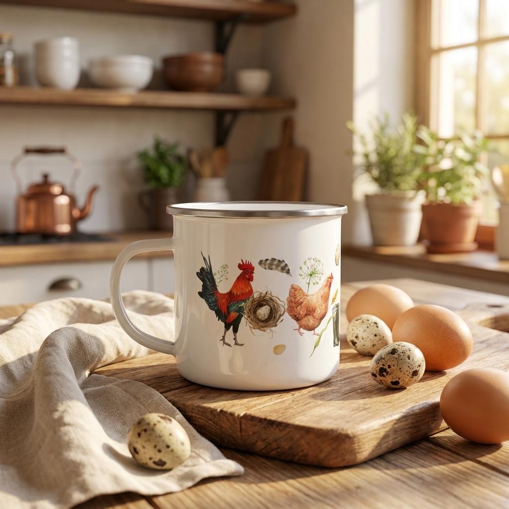 Chicken enamel mug on a wooden board in a farmhouse kitchen with fresh brown and quail eggs and a linen cloth.