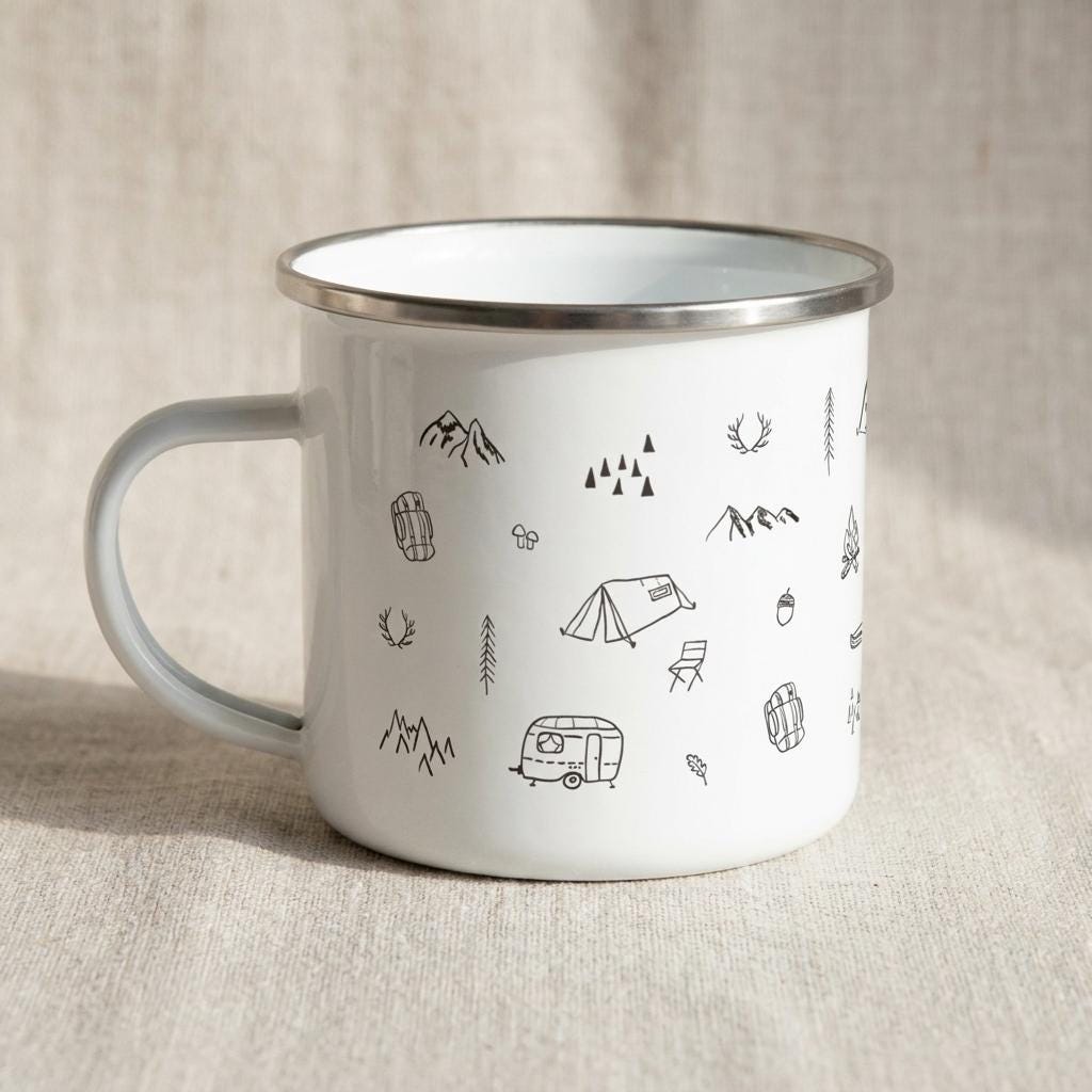 Camping enamel mug: white mug with a silver rim, covered in small black line drawings of tents, campervans, mountains, trees and lanterns.