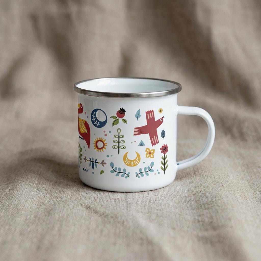 A white enamel mug with a silver rim and a handle, featuring a colourful pattern of small red birds, yellow crescent moons, blue leaves, green stems, and various floral and geometric shapes scattered across the exterior surface.