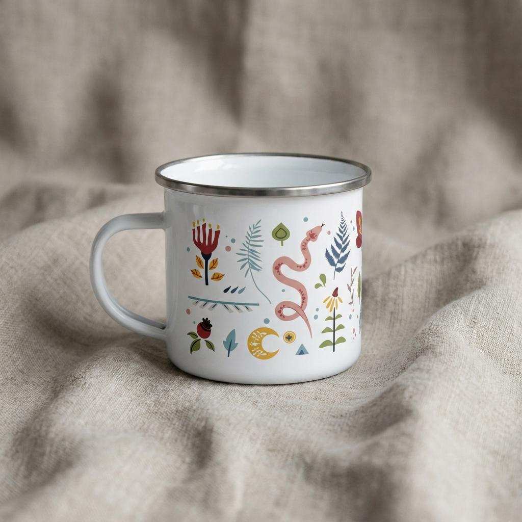 Nordic Folk Art enamel mug on soft grey linen, decorated with a folk-style snake, flowers, ferns and a crescent moon in red, mustard and green.