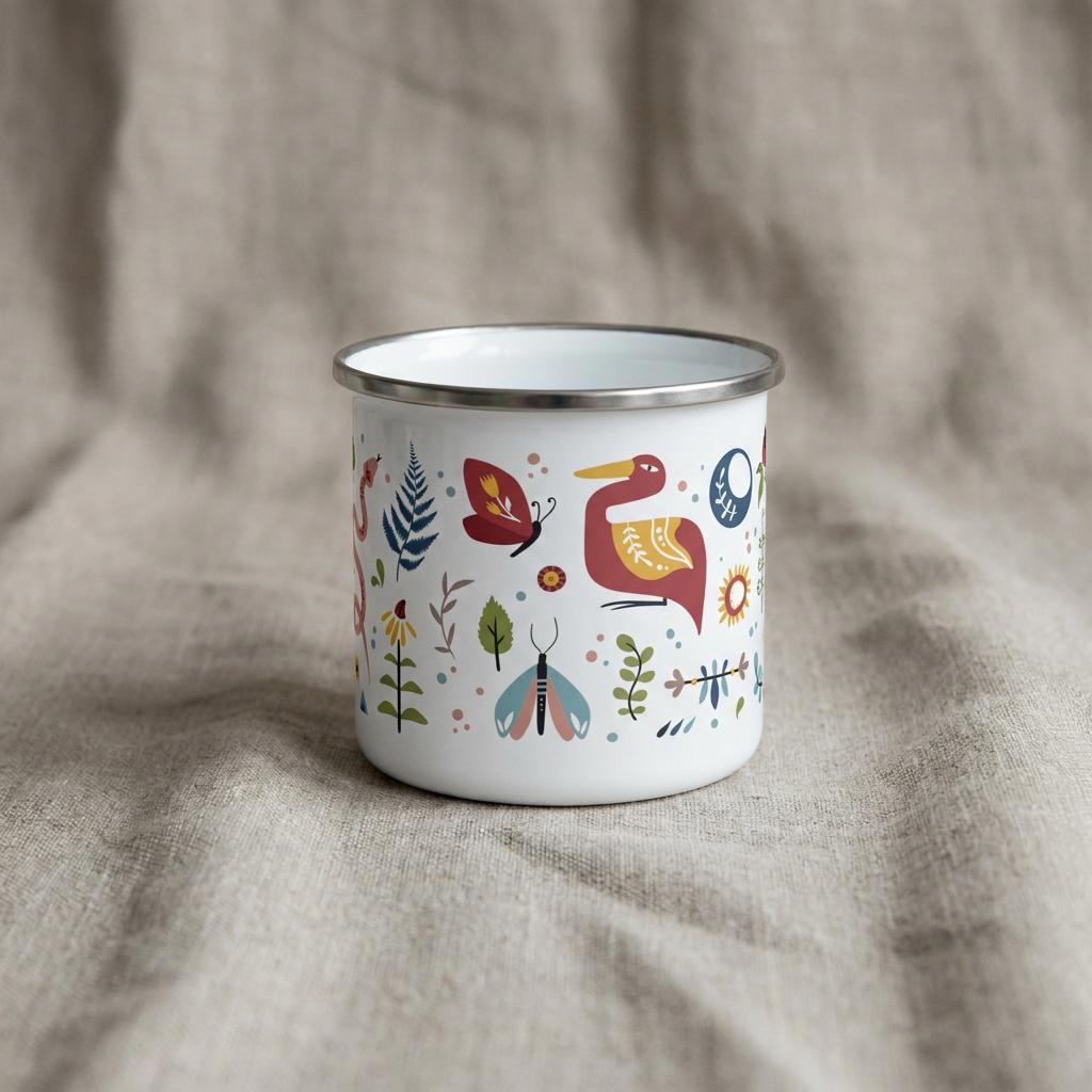 A white enamel mug with a silver-toned rim featuring a colourful pattern of a red bird, butterflies, moths, various green ferns, small flowers, and abstract shapes scattered across the exterior surface of the cylindrical vessel.