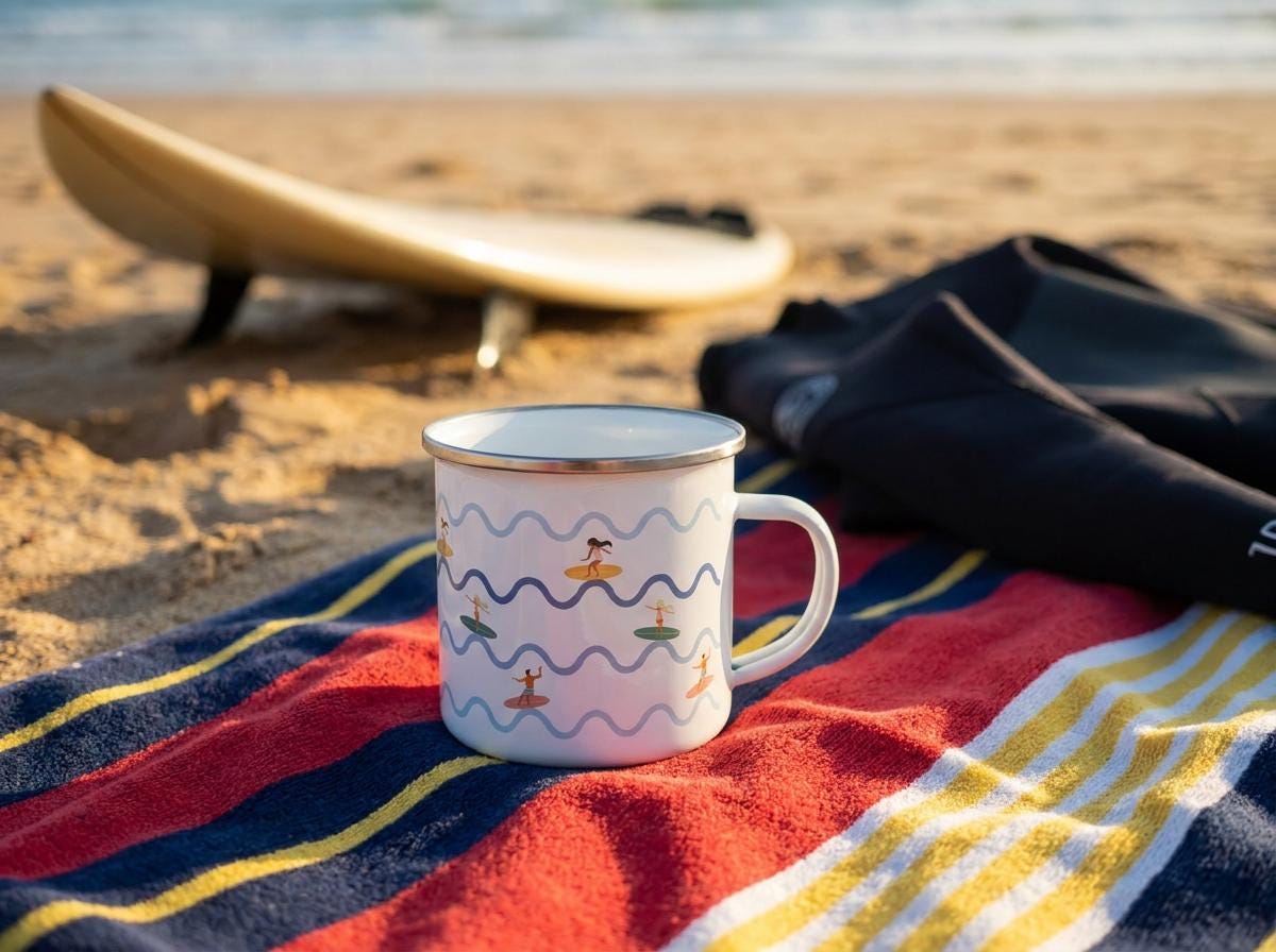 A white enamel mug with a silver rim featuring a repeating pattern of light blue wavy lines and small illustrations of people on surfboards. The mug has a sturdy handle and is positioned on a striped towel with red, blue, and yellow colours.