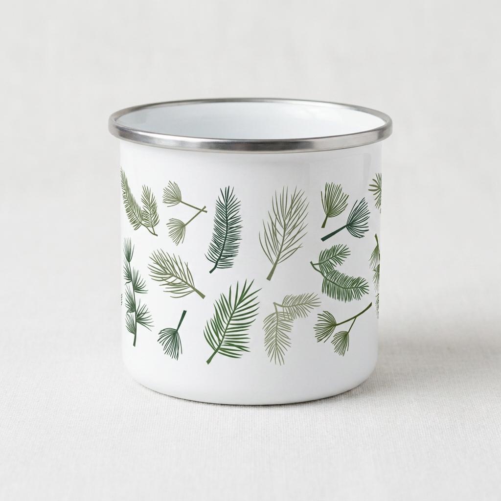 A white enamel mug featuring a repeating pattern of various green pine needle branches and sprigs. The mug has a smooth, cylindrical body and a metallic silver rim along the top edge, providing a clean and simple aesthetic for the vessel.