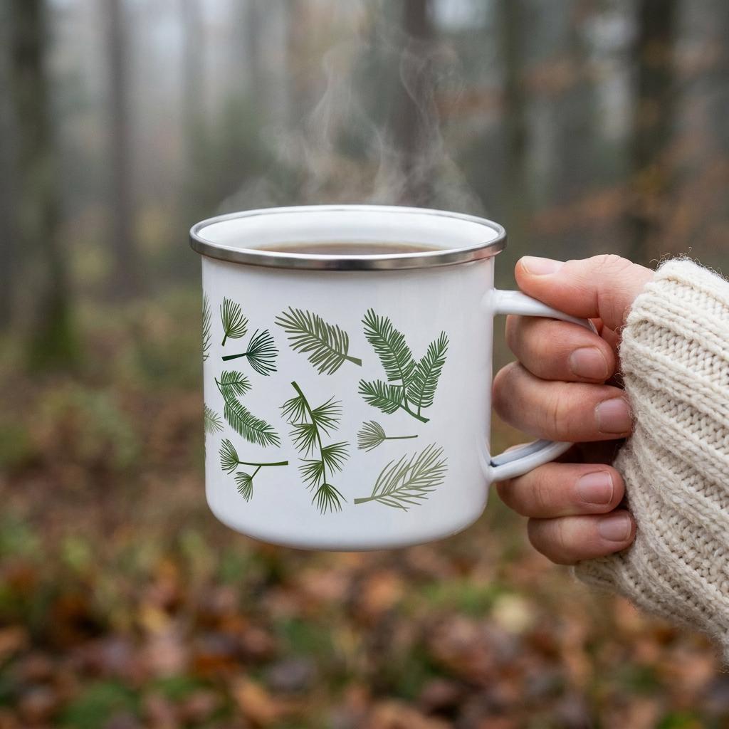 A white enamel mug with a silver rim featuring a pattern of various green pine needle sprigs. The mug is filled with a dark liquid emitting steam, and the handle is visible on the right side of the cylindrical vessel.