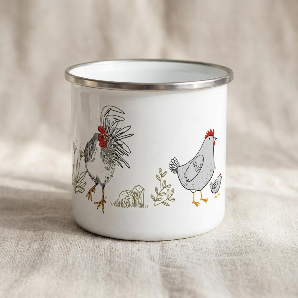 A white enamel mug with a silver-toned rim featuring a black and white line drawing of a rooster, a hen, and a small chick. The illustration includes subtle red accents on the rooster's comb and the hen's comb, along with green foliage.