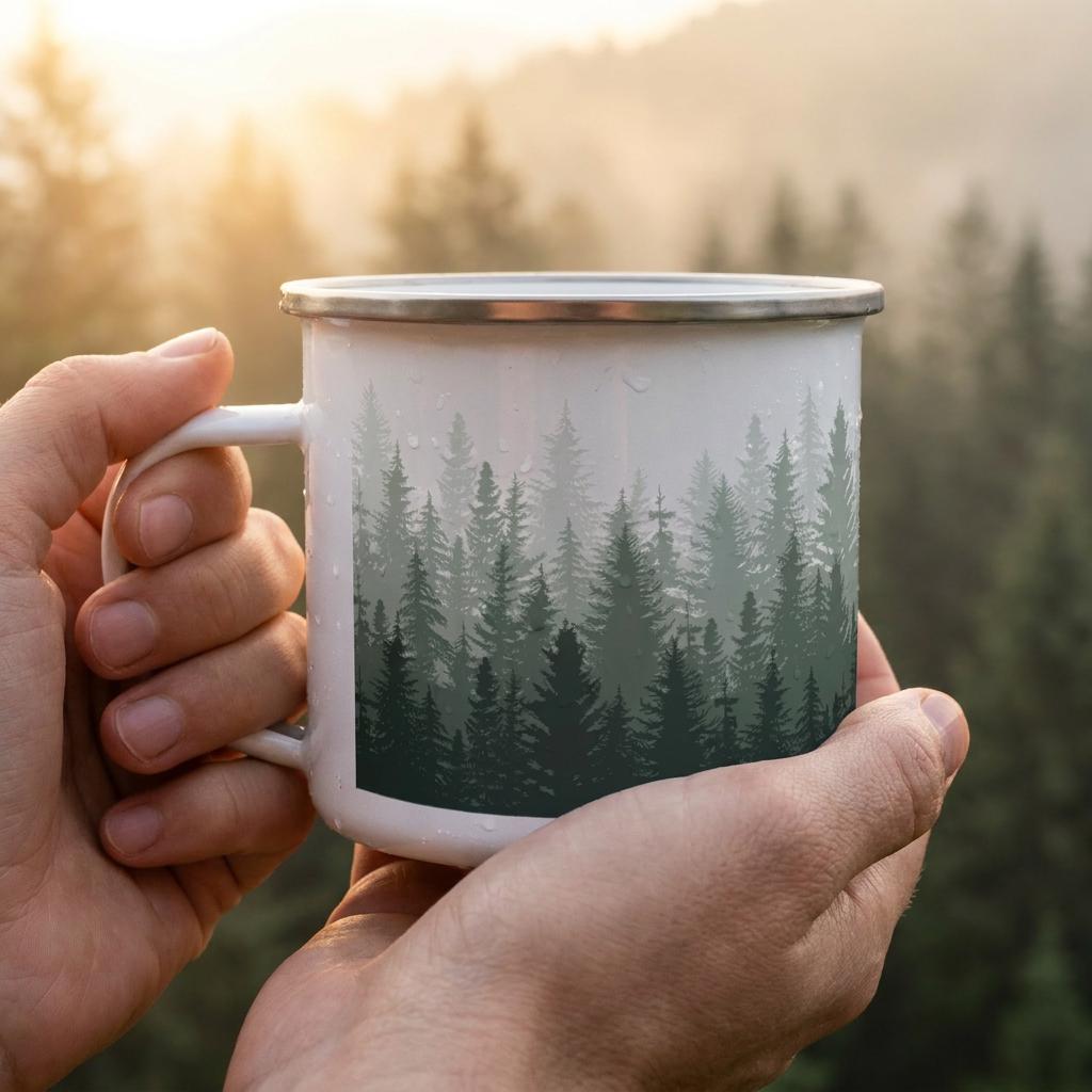 A white enamel mug featuring a wrap-around graphic print of a dense forest with layers of pine trees in varying shades of green, ranging from light sage to deep forest green, finished with a smooth silver-toned metal rim.