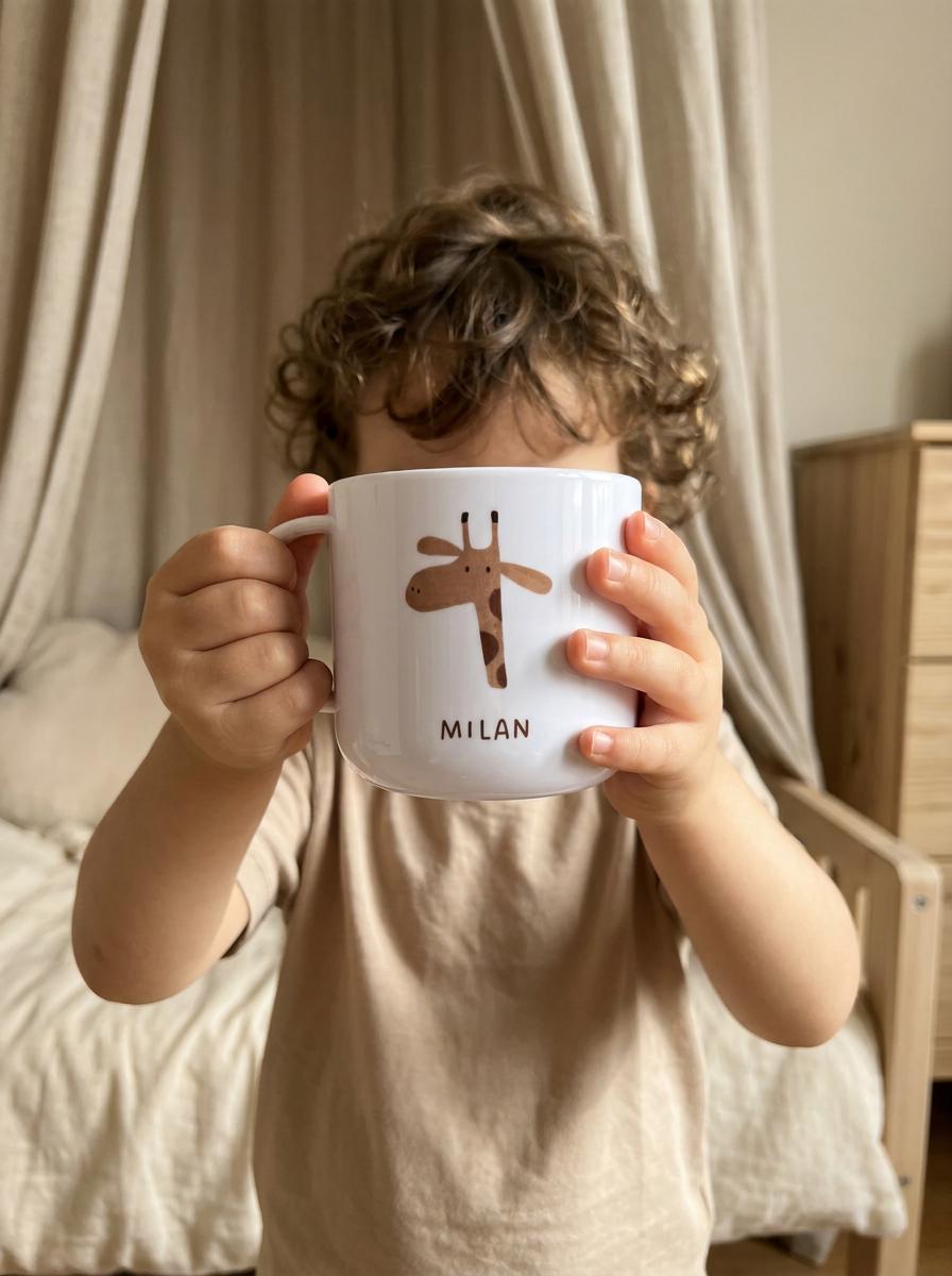 A white cup featuring a brown giraffe illustration and the name MILAN printed in black text. The cup has a curved handle on the left side and a smooth, cylindrical body, designed for holding beverages with a simple, clean aesthetic.