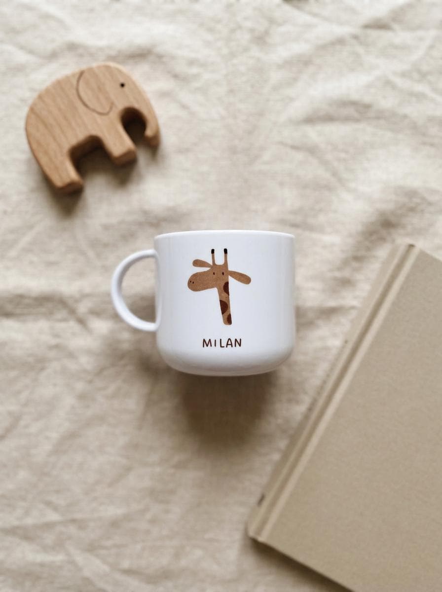 A white cup featuring a brown giraffe illustration and the name MILAN printed in black text. The cup has a rounded handle and a smooth finish, positioned near a wooden elephant figurine and a closed book with a tan cover.