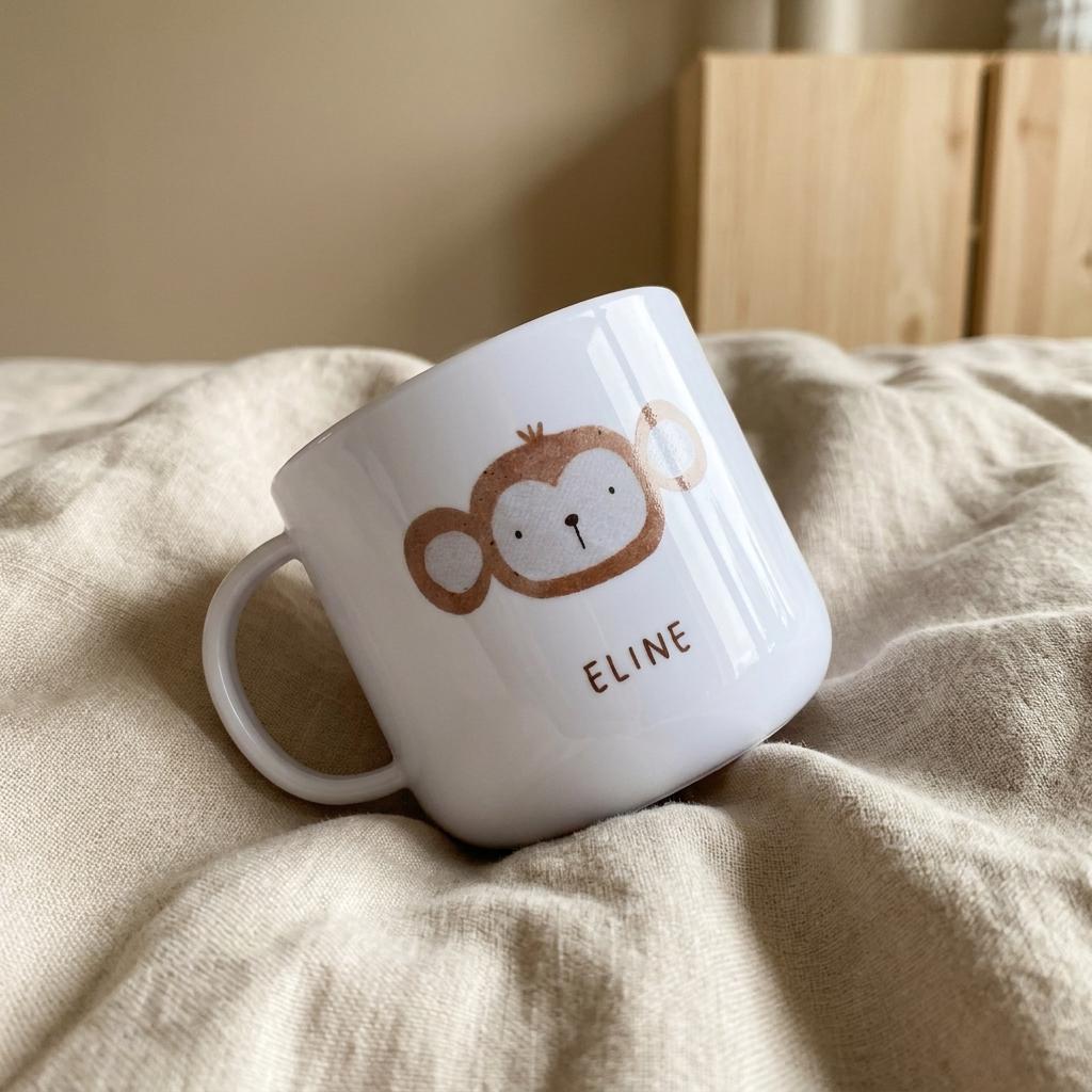 A white kids cup featuring a brown line-art illustration of a monkey face centred on the front. Below the monkey graphic, the name ELINE is printed in simple, dark brown capital letters. The cup has a smooth, glossy finish.