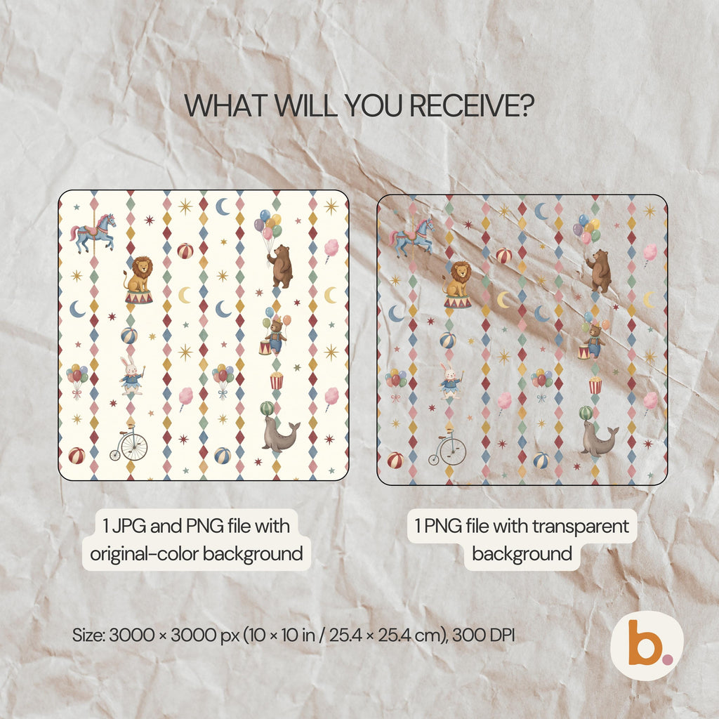 A digital graphic featuring the text WHAT WILL YOU RECEIVE? above two square patterns of circus animals, stars, moons, and diamonds. One pattern has a cream background, the other is transparent. Size 3000 x 3000 px, 25.4 x 25.4 cm.