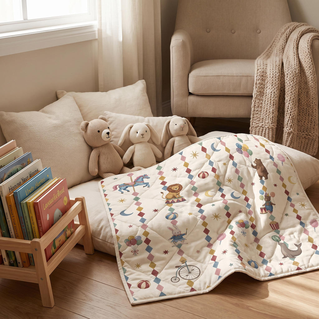 A cream-coloured quilted blanket featuring a repeating diamond pattern in muted tones, decorated with illustrations of a carousel horse, a lion, a rabbit, a bear, a seal, balloons, and a bicycle, alongside two plush toys and a wooden book rack.