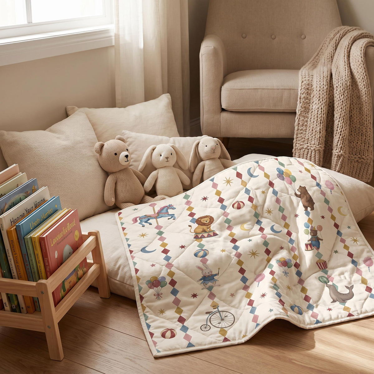 A cream-coloured quilted blanket featuring a repeating diamond pattern in muted tones, decorated with illustrations of a carousel horse, a lion, a rabbit, a bear, a seal, balloons, and a bicycle, alongside two plush toys and a wooden book rack.