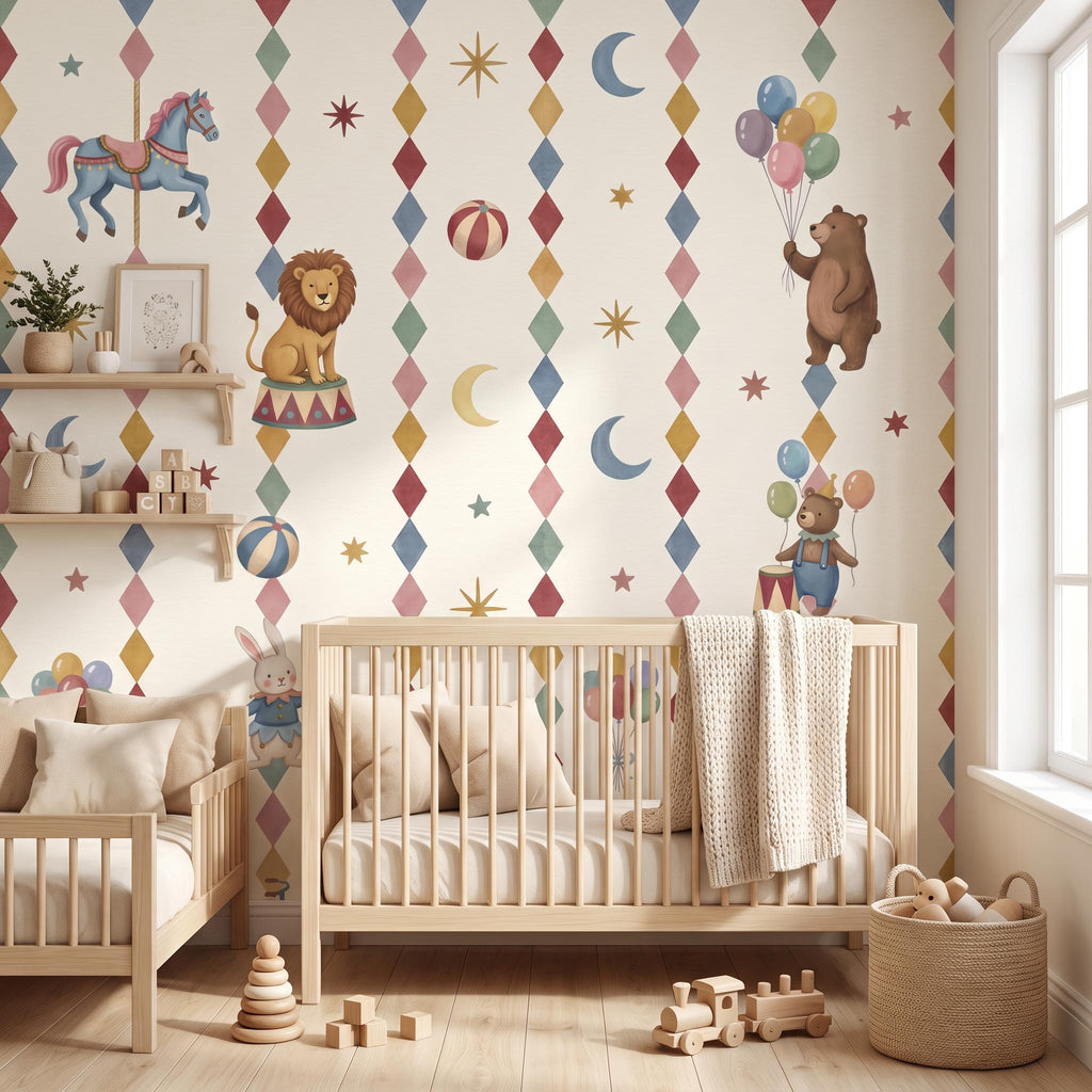 A nursery room featuring wallpaper with a colourful diamond pattern, circus-themed illustrations of a carousel horse, a lion, and bears with balloons. The room includes a wooden cot, a toddler bed, wooden toys, and a woven storage basket.