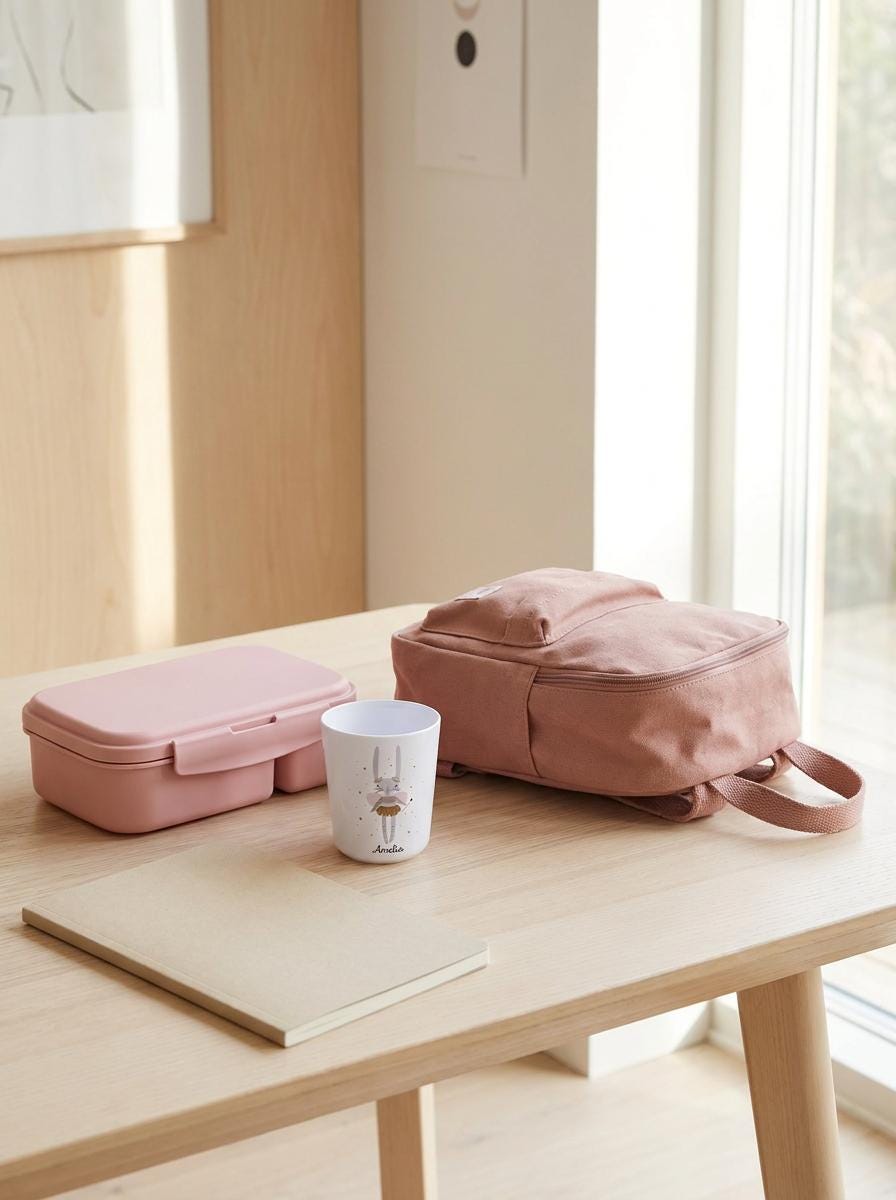 Personalised Bunny Ballerina cup on a light wooden desk beside a pink lunch box and a pink children's backpack.