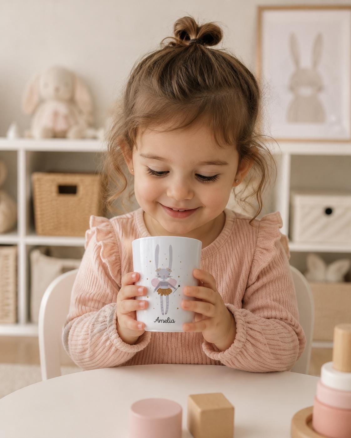 Smiling toddler in a pink jumper holding the personalised Bunny Ballerina cup with the name Amelia at a play table.
