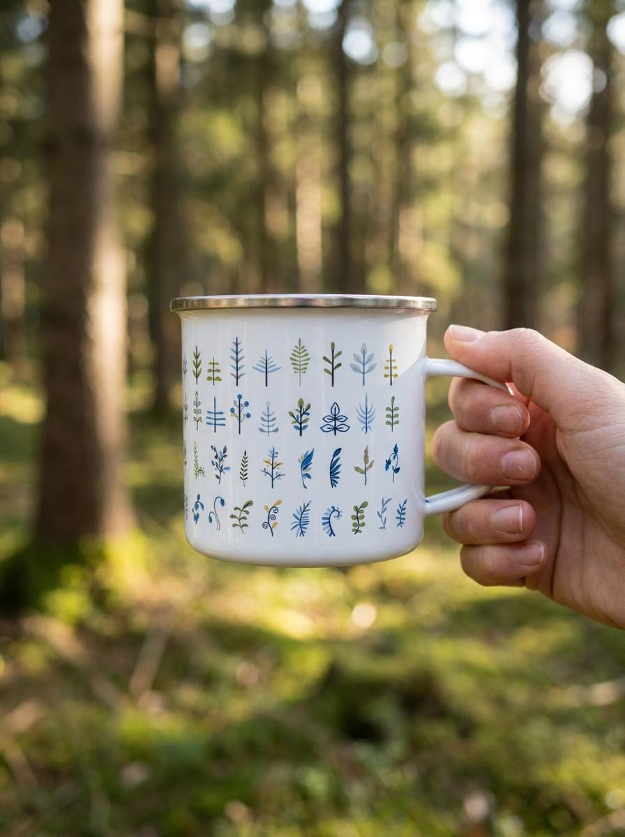 Hand holding the Botanical Leaf enamel mug in a sunlit pine forest.