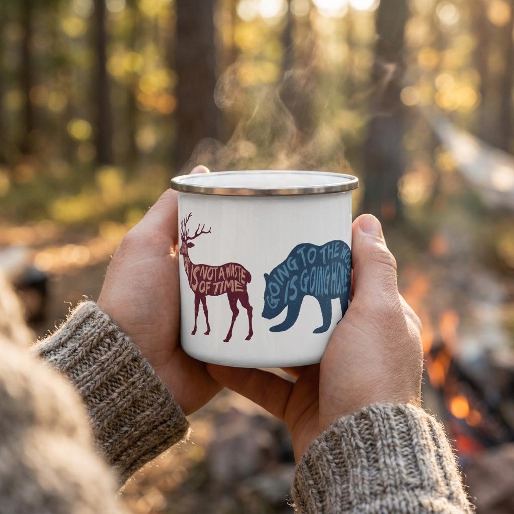 Steaming Woodland Animal enamel mug held in both hands outdoors by a campfire among pine trees.