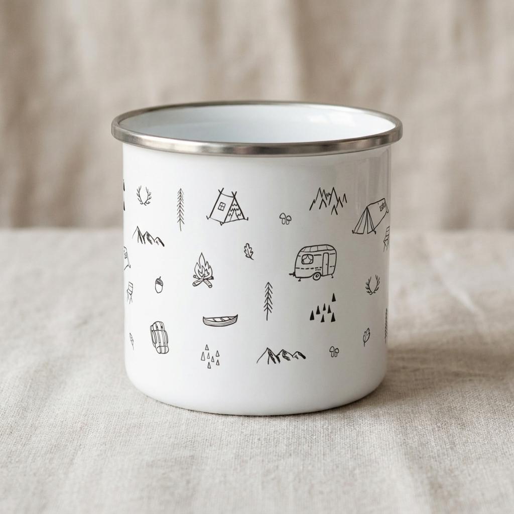 Front view of the white Camping enamel mug with hand-drawn black doodles of tents, a caravan, campfire and mountains, on beige linen.