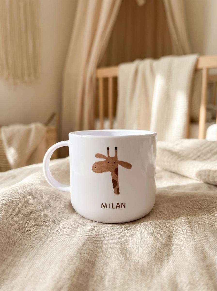 A white cup featuring a brown giraffe illustration and the name MILAN printed in black capital letters below the graphic. The cup has a smooth, rounded body and a single handle on the left side, presented in a clean, simple design.