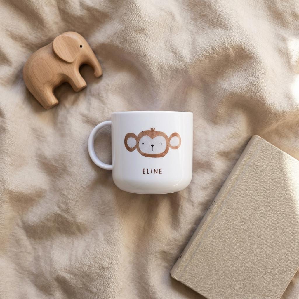 A white kids cup featuring a brown line-art illustration of a monkey face and the name ELINE printed in brown text. Beside the cup is a small wooden elephant figurine and a closed beige book with a textured cover.