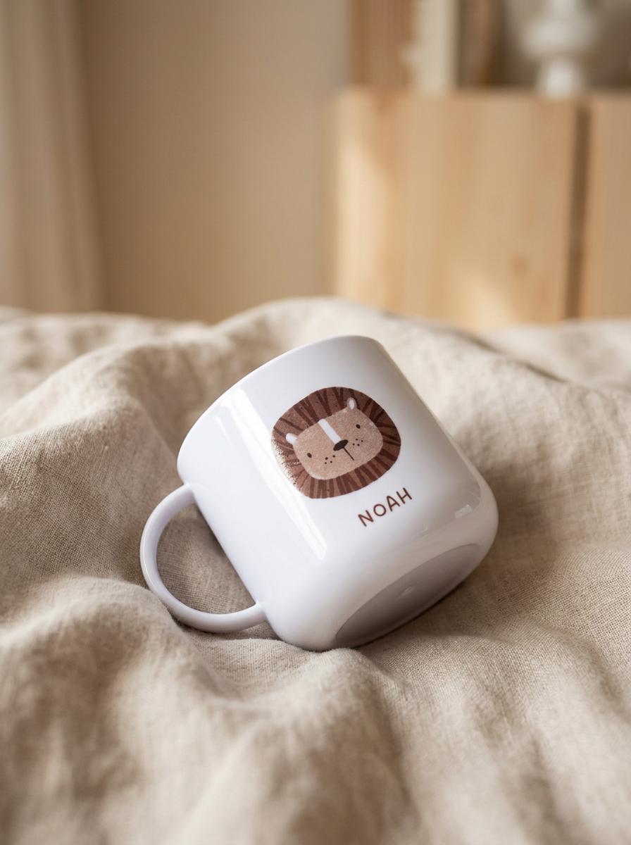 A white cup with a handle featuring a brown lion illustration and the name NOAH printed in brown capital letters below the lion. The cup has a smooth, glossy finish and a rounded shape, presented in a clean, simple design.