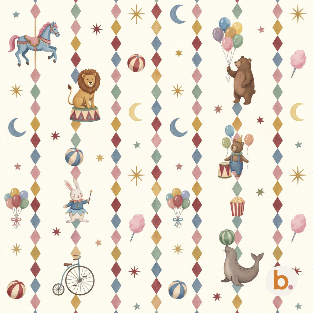 A repeating pattern on a cream background featuring circus-themed illustrations including a carousel horse, a lion on a pedestal, a rabbit with a wand, a bear with balloons, a seal balancing a ball, a penny-farthing, and candy floss.