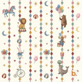 A repeating pattern on a cream background featuring circus-themed illustrations including a carousel horse, a lion on a pedestal, a rabbit with a wand, a bear with balloons, a seal balancing a ball, a penny-farthing, and candy floss.