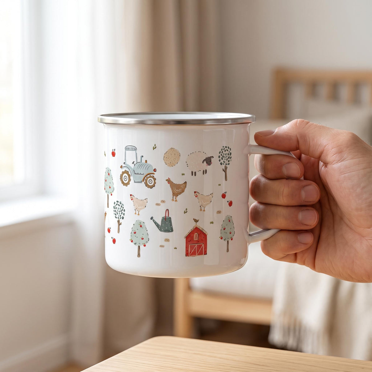 A white enamel mug featuring a colourful farm-themed pattern. The design includes illustrations of a light blue tractor, a red barn, chickens, a sheep, a watering can, and various trees with small red fruits scattered across the surface.