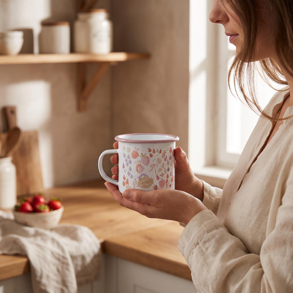 A white enamel mug with a pink rim, decorated with a repeating pattern of small strawberries, leaves, and floral elements in shades of pink, red, and muted green. The mug features a side handle and a smooth, glossy finish throughout.