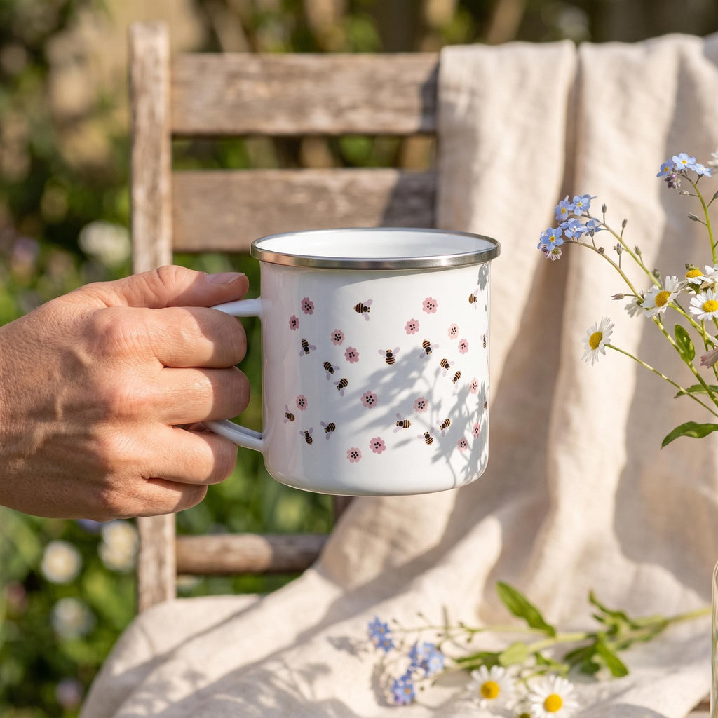 A white enamel mug featuring a repeating pattern of small brown bees and tiny pink flowers. The mug has a smooth, cylindrical body with a sturdy handle and a silver-coloured metal rim along the top edge, providing a clean, classic look.