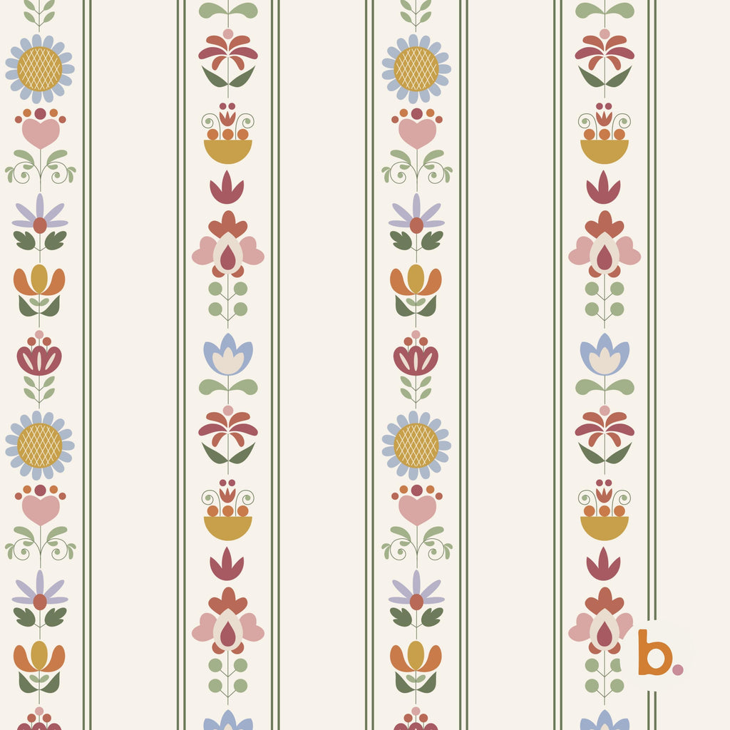 Wallpaper featuring a repeating vertical pattern of stylised flowers in shades of blue, pink, yellow, and green on an off-white background. The design includes thin dark green stripes separating the floral columns and a small b. logo.