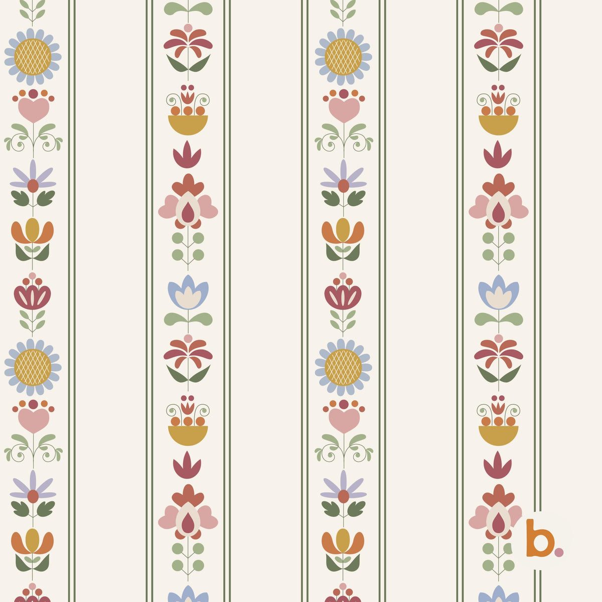 Wallpaper featuring a repeating vertical pattern of stylised flowers in shades of blue, pink, yellow, and green on an off-white background. The design includes thin dark green stripes separating the floral columns and a small b. logo.