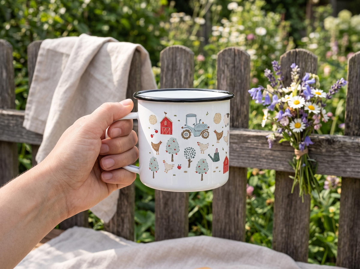 A white enamel mug with a black rim featuring a repeating pattern of red barns, blue tractors, chickens, sheep, green trees, and watering cans. The mug has a sturdy handle and a smooth, glossy finish, showcasing a farm-themed illustration.
