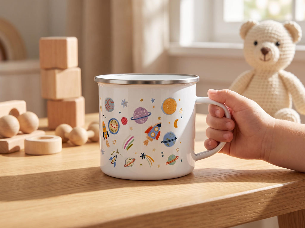 A white enamel mug featuring a colourful pattern of rockets, planets, stars, and moons in shades of orange, blue, and purple. The mug has a silver-toned rim and a sturdy handle, displaying a playful space-themed design on its exterior.