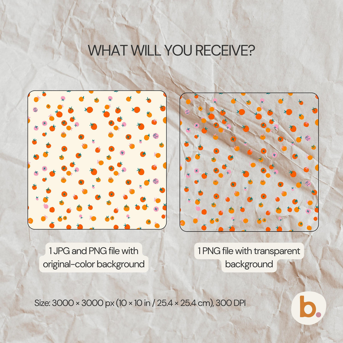 Digital graphic file set featuring a repeating pattern of small orange tomatoes and tiny pink flowers. Includes one JPG and PNG file with an original-colour background and one PNG file with a transparent background, sized 3000 x 3000 px.