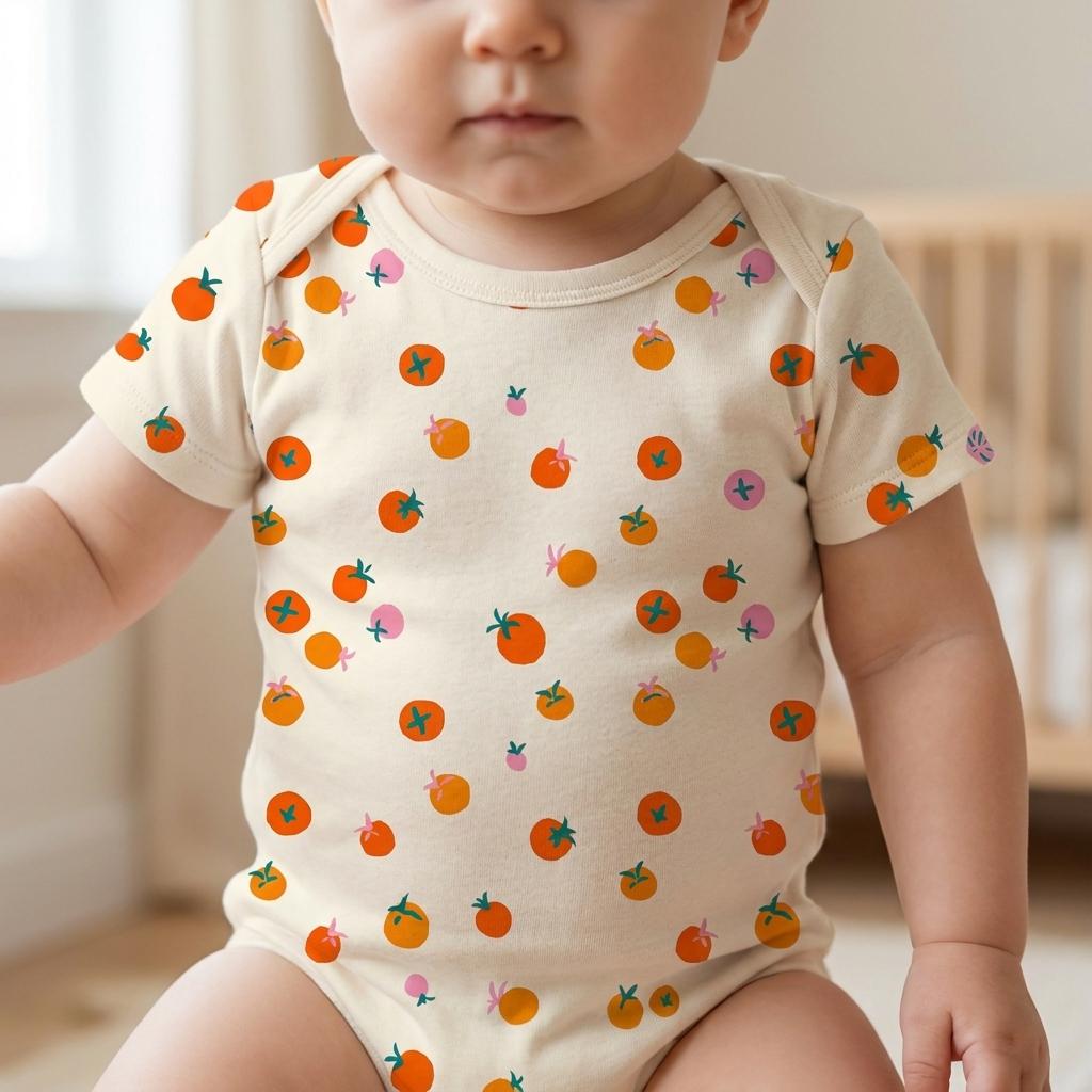 A short-sleeved baby bodysuit in a light cream colour featuring an all-over print of small orange tomatoes with green stems and occasional small pink circular accents scattered across the fabric, with a round neckline and snap closure.