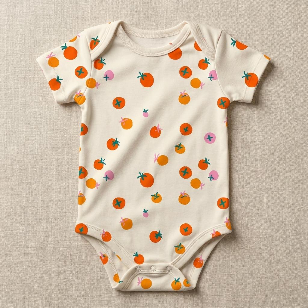 A short-sleeved baby bodysuit in an off-white colour featuring an all-over print of small orange tomatoes with green stems and occasional small pink circular accents. The garment has a round neckline and snap closures at the bottom.