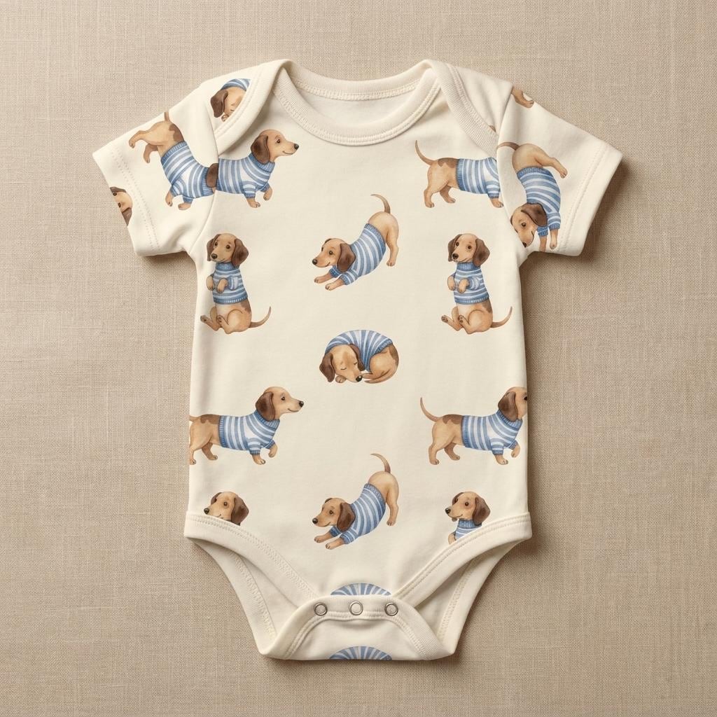A cream-coloured short-sleeve baby bodysuit featuring an all-over print of brown dachshunds wearing blue and white striped sweaters. The garment has a round neckline, short sleeves, and three metal snap closures at the bottom crotch area.
