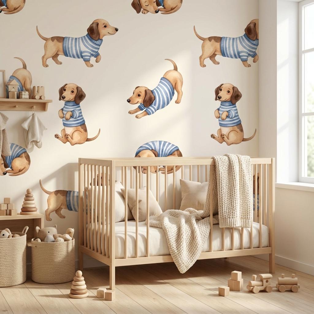 A light-coloured wooden cot with a cream-coloured blanket, positioned in a room with wall decals of brown dachshunds wearing blue and white striped sweaters in various poses, including standing, sitting, and stretching.