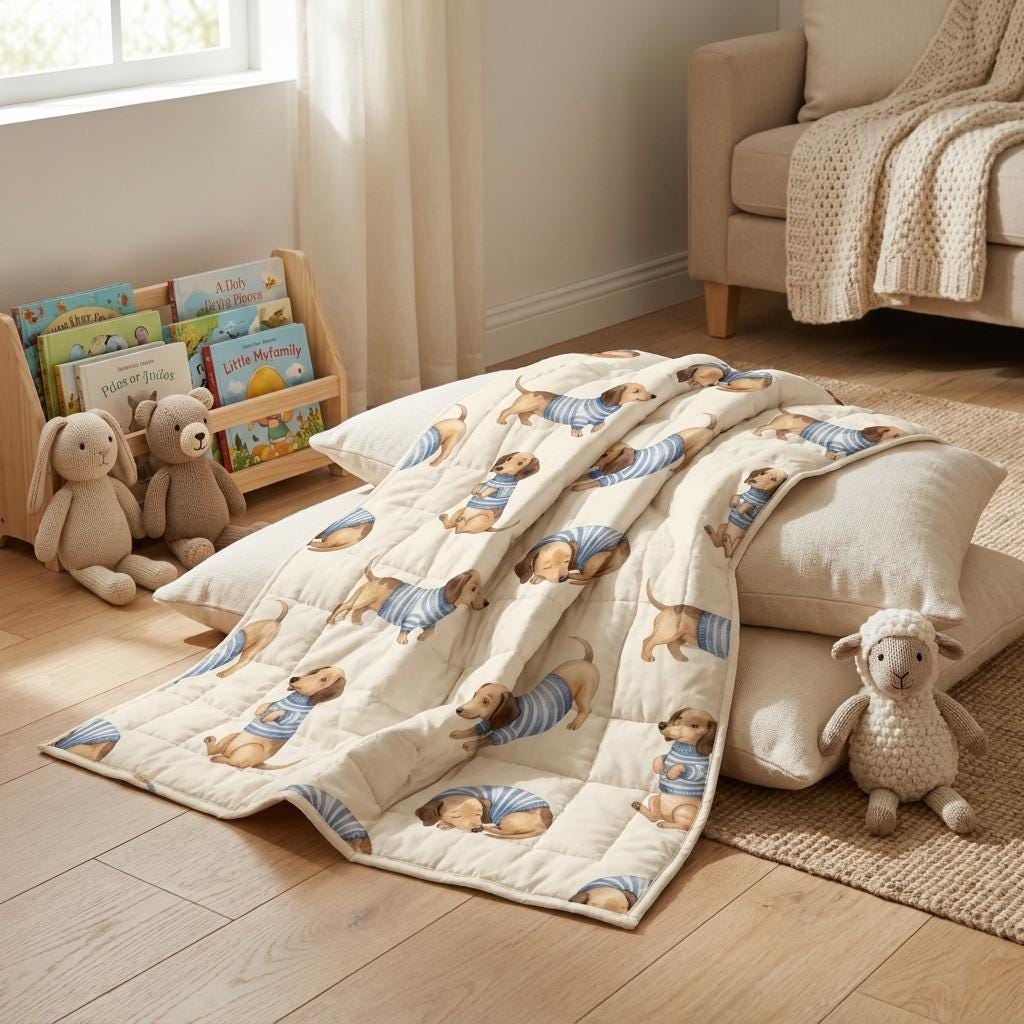 A cream-coloured quilted blanket featuring a repeating pattern of brown dachshunds wearing blue and white striped sweaters. The blanket is draped over two rectangular pillows, with plush animal toys nearby on a wooden floor.