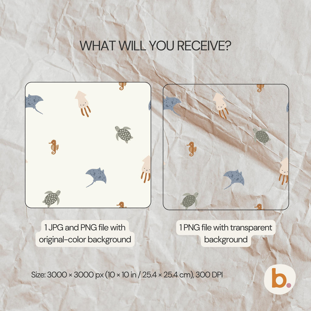 A digital pattern featuring sea creatures including turtles, stingrays, seahorses, and squid on a cream background. Text reads: WHAT WILL YOU RECEIVE?, 1 JPG and PNG file with original-colour background, 1 PNG file with transparent background, 3000 x 3000 px (25.4 x 25.4 cm), 300 DPI.