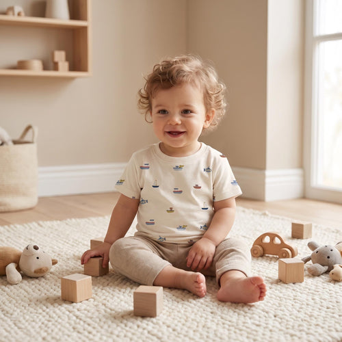A short-sleeved cream-coloured t-shirt featuring a repeating pattern of small, colourful boats in shades of blue, red, and yellow, paired with light beige ribbed trousers. The garment set is designed with a crew neckline and a relaxed fit.