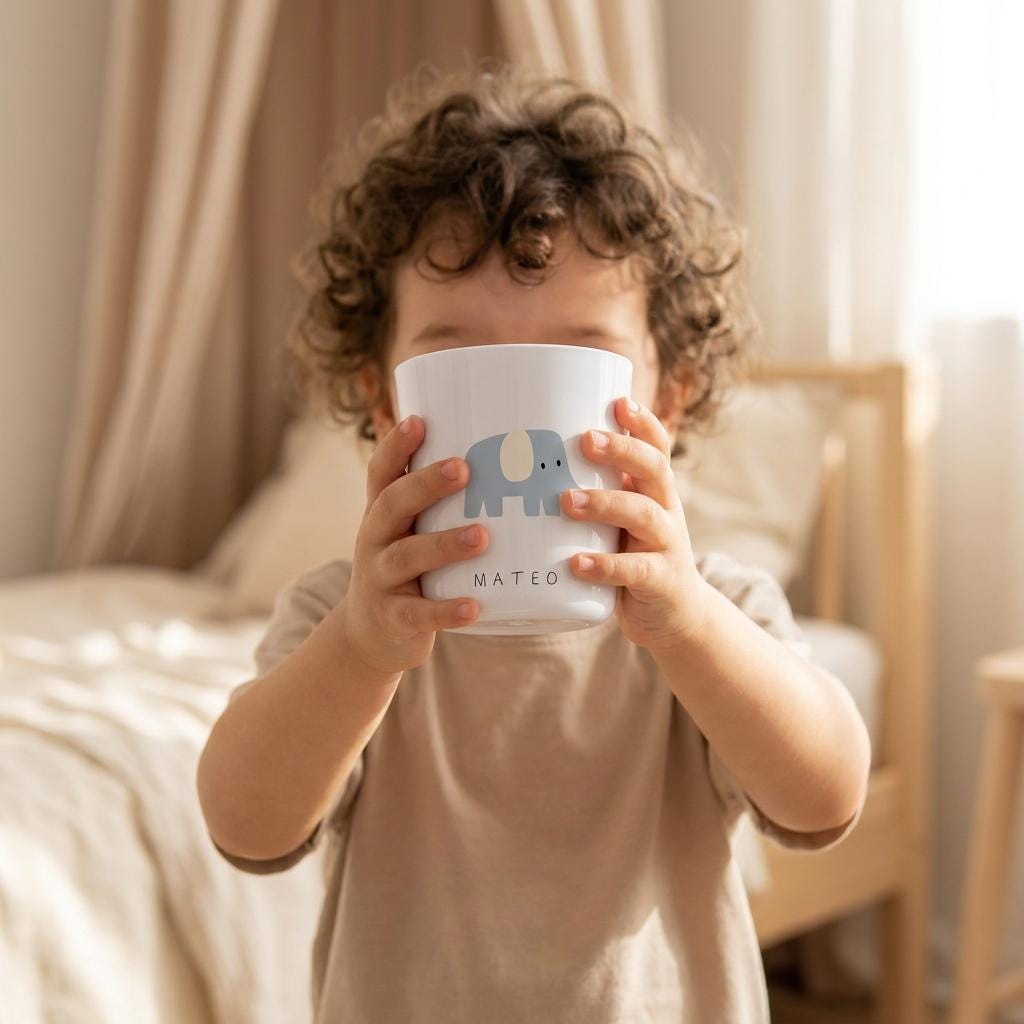 A white drinking cup featuring a blue elephant graphic and the name MATEO printed in black capital letters. The cup has a smooth, cylindrical shape and is held by two hands, showcasing the animal illustration and personalised text.