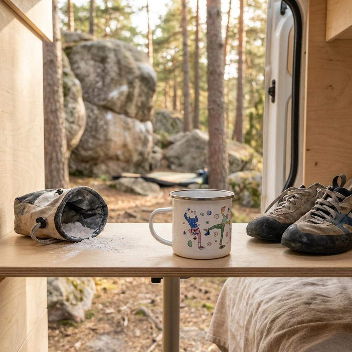 A white enamel mug, a chalk bag, and climbing shoes sit inside a van.