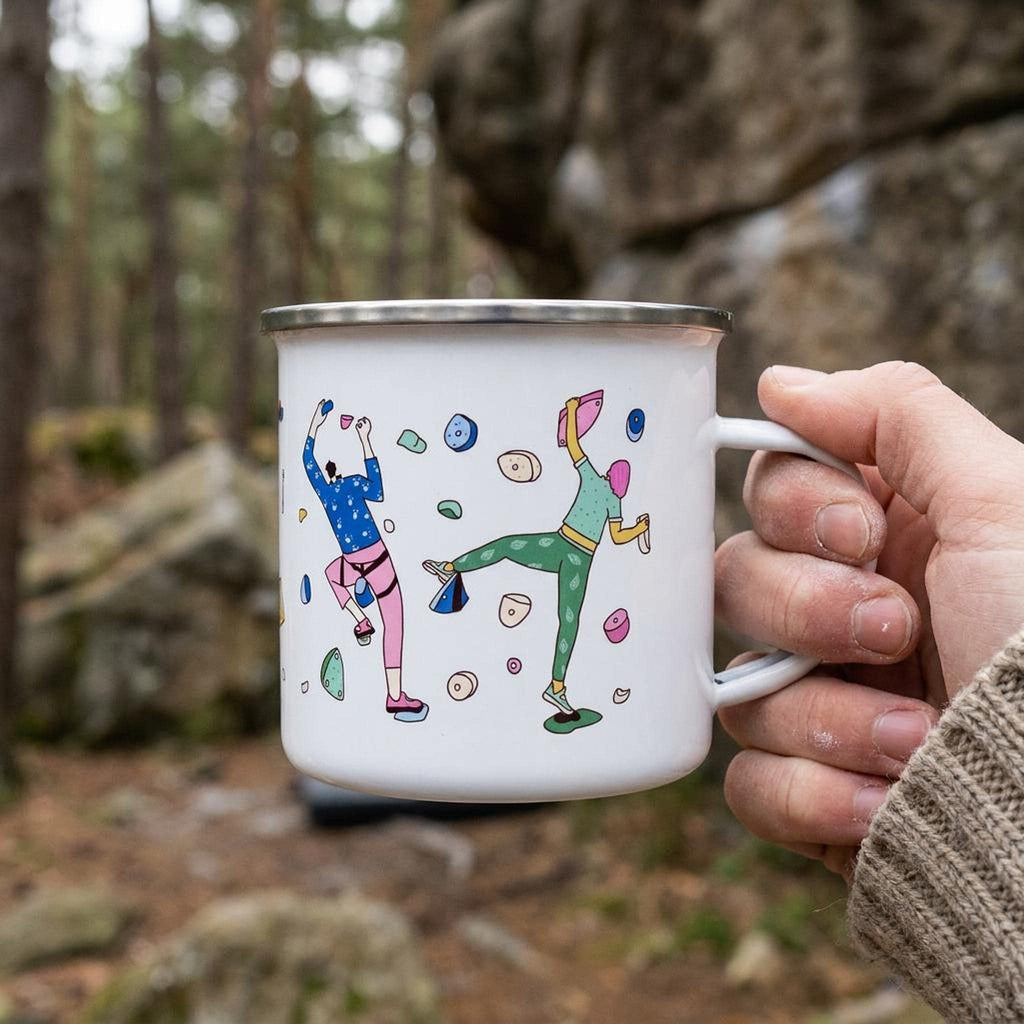 A hand holds a white enamel rock climbing mug against a forest backdrop.