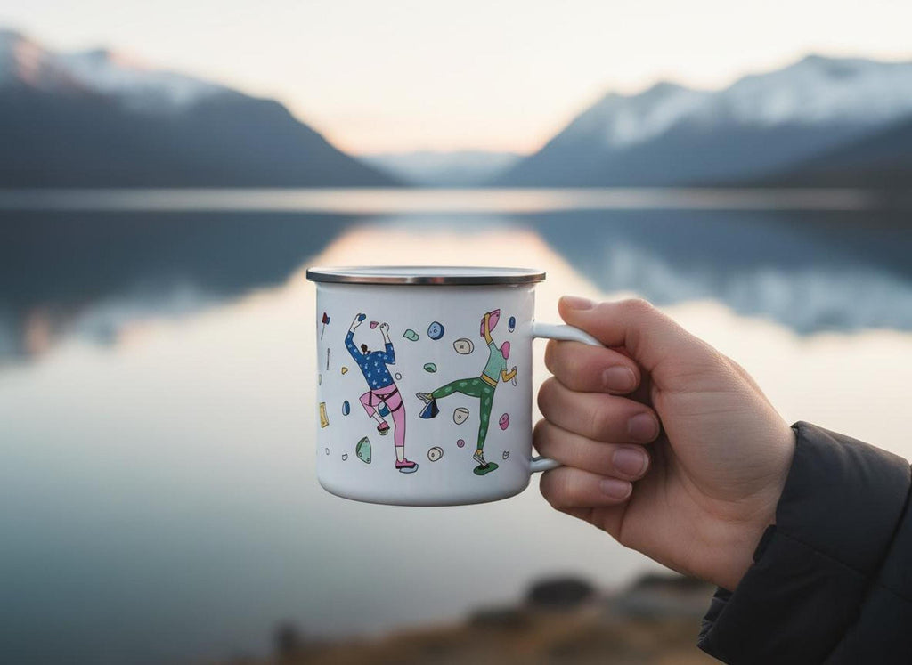 A hand holds a white enamel mug with climbing graphics over a lake and mountains.