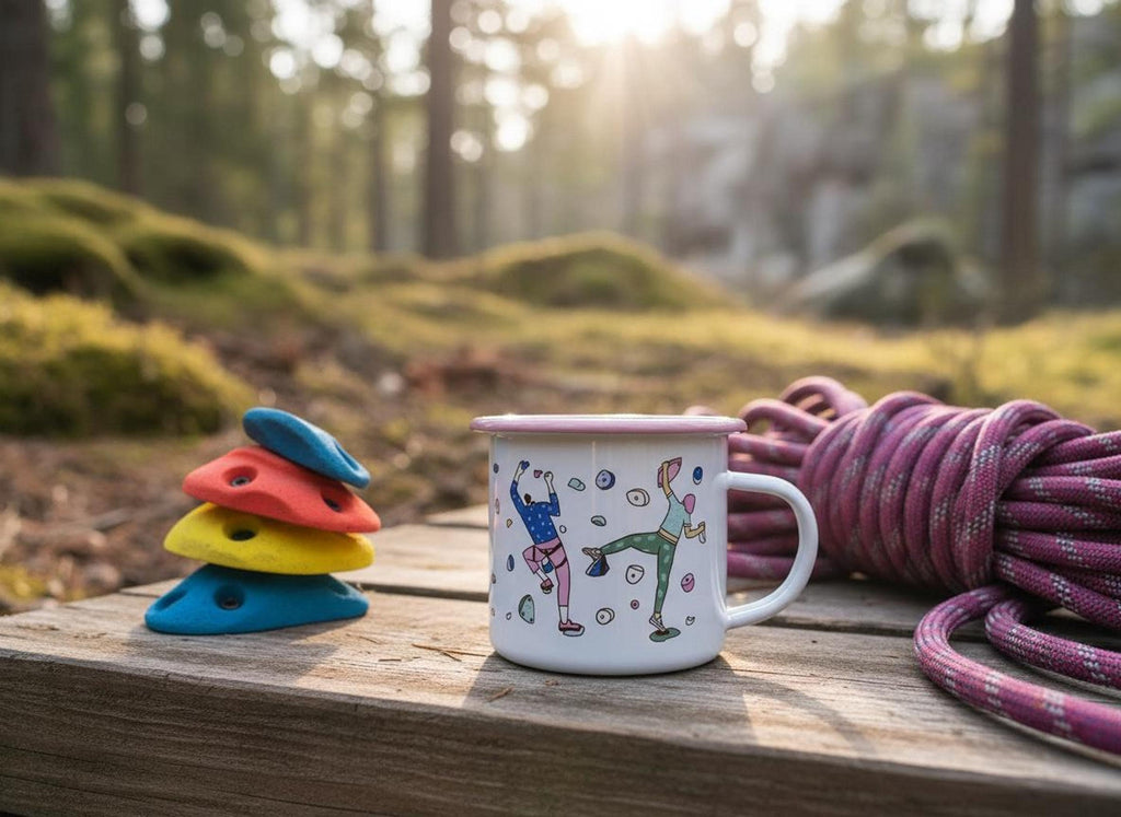 A white enamel mug with pink trim sits on wood next to climbing holds and rope.